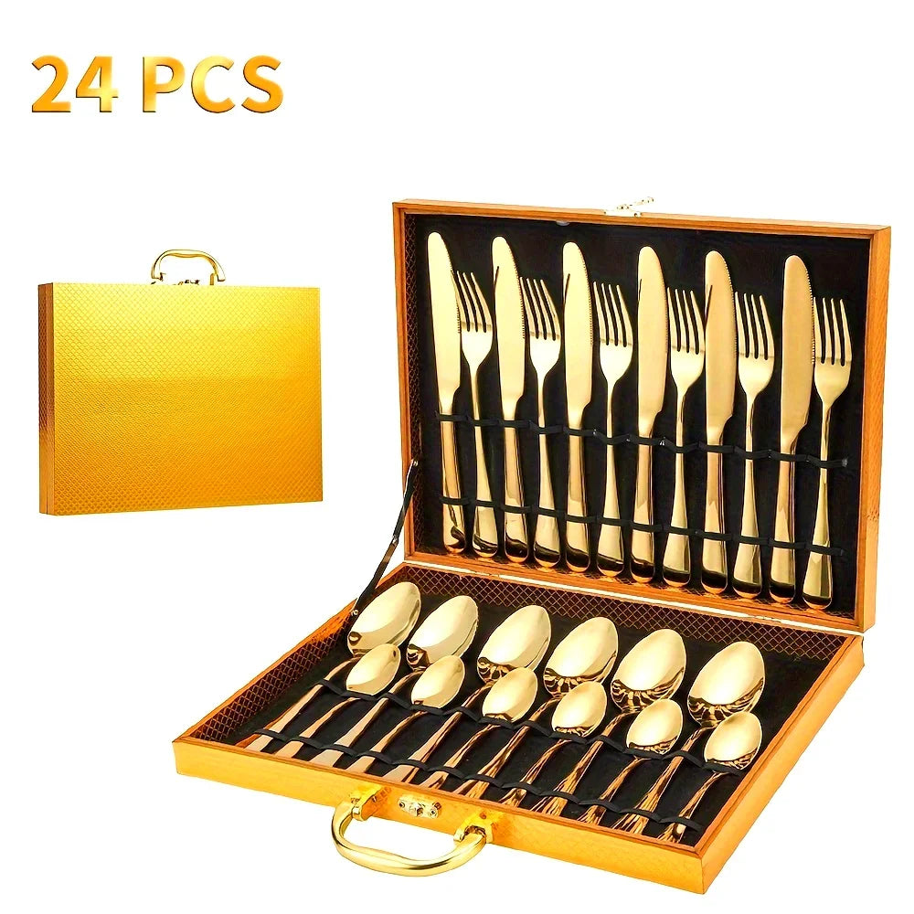 24-Piece Black & Gold Stainless Steel Flatware Set – Mirror Polished, Dishwasher Safe