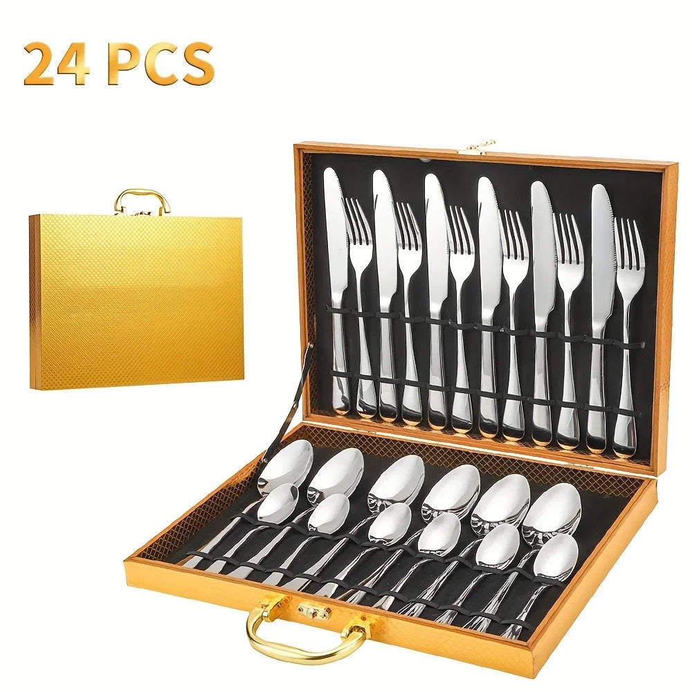 24-Piece Black & Gold Stainless Steel Flatware Set – Mirror Polished, Dishwasher Safe