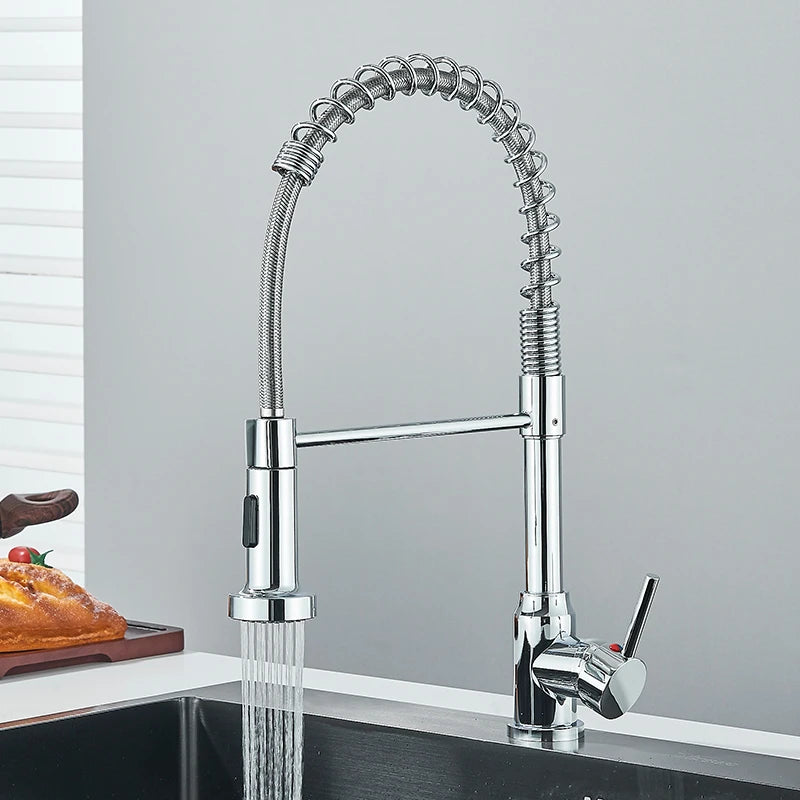 Black Flexible Pull-Down Kitchen Faucet – 360° Swivel Mixer Tap with Hot & Cold Water, Spring Design & Stream Sprayer Nozzle