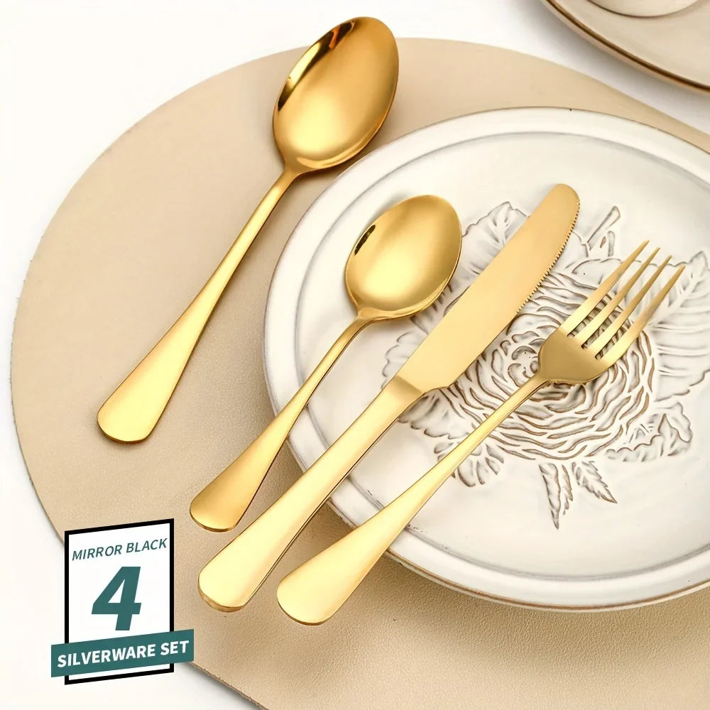 24-Piece Black & Gold Stainless Steel Flatware Set – Mirror Polished, Dishwasher Safe