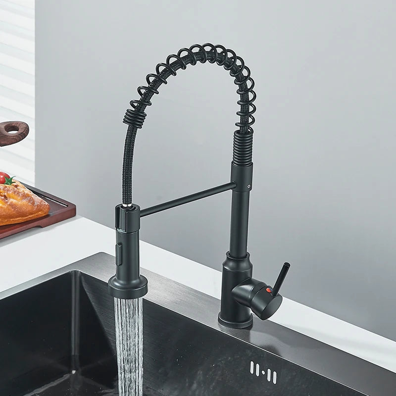 Black Flexible Pull-Down Kitchen Faucet – 360° Swivel Mixer Tap with Hot & Cold Water, Spring Design & Stream Sprayer Nozzle