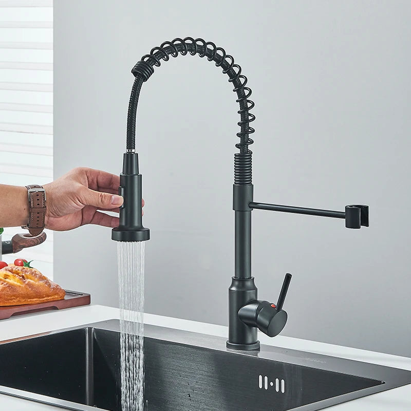 Black Flexible Pull-Down Kitchen Faucet – 360° Swivel Mixer Tap with Hot & Cold Water, Spring Design & Stream Sprayer Nozzle