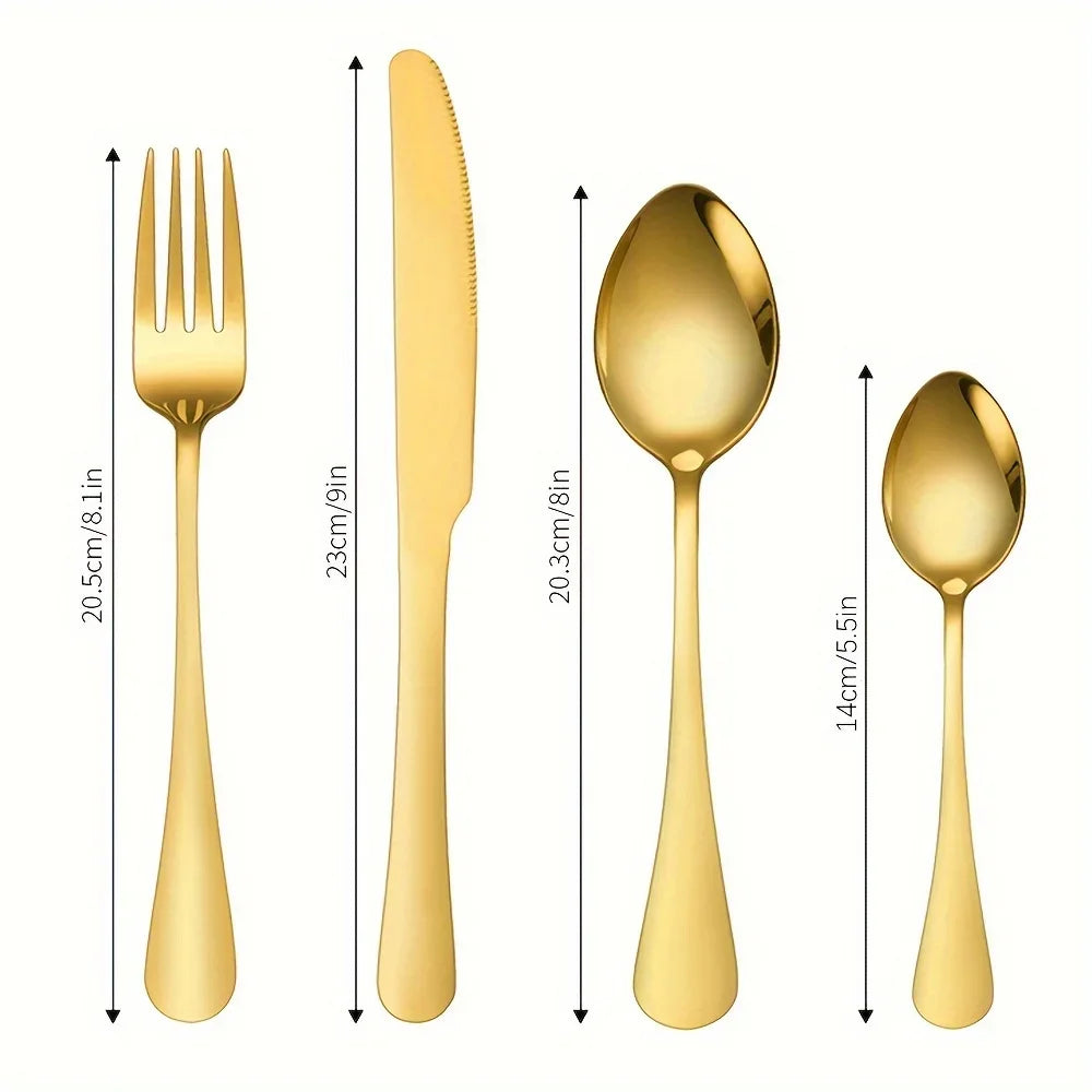 24-Piece Black & Gold Stainless Steel Flatware Set – Mirror Polished, Dishwasher Safe
