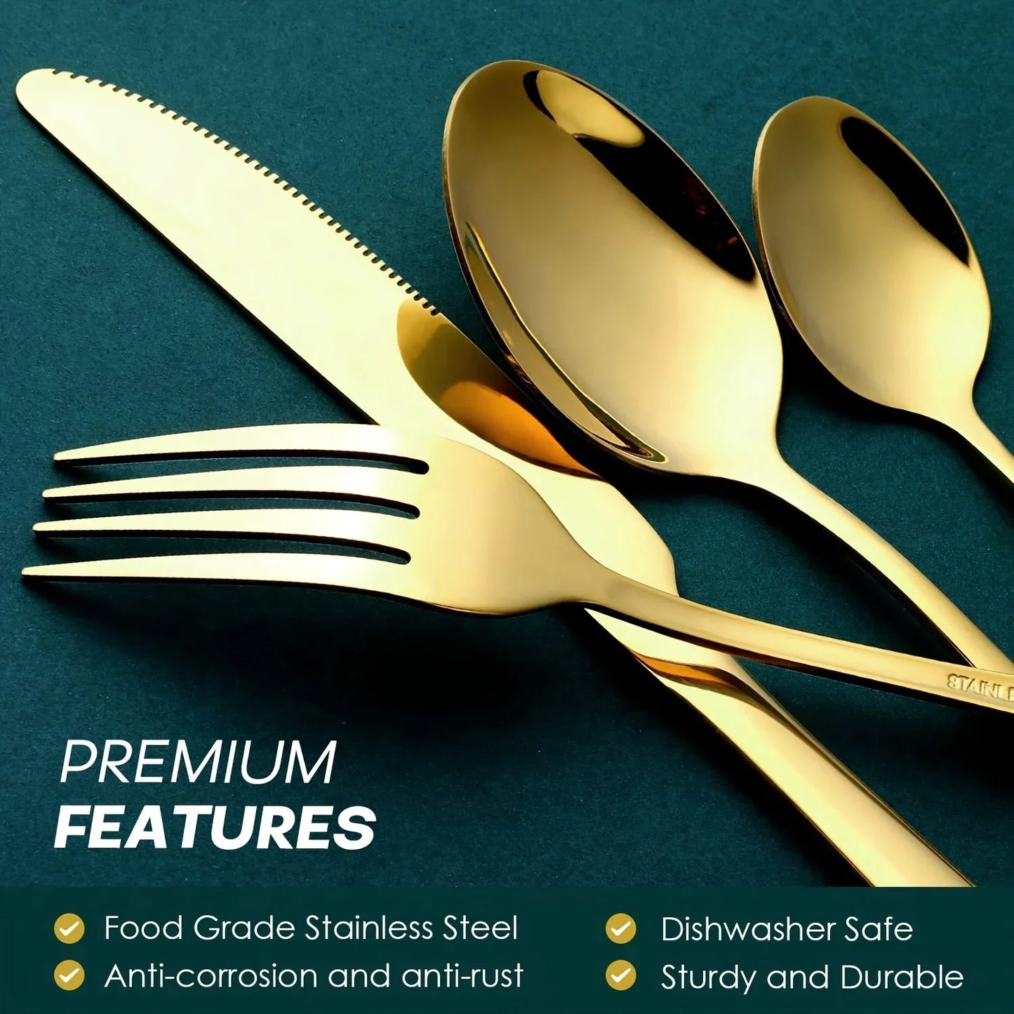 24-Piece Black & Gold Stainless Steel Flatware Set – Mirror Polished, Dishwasher Safe