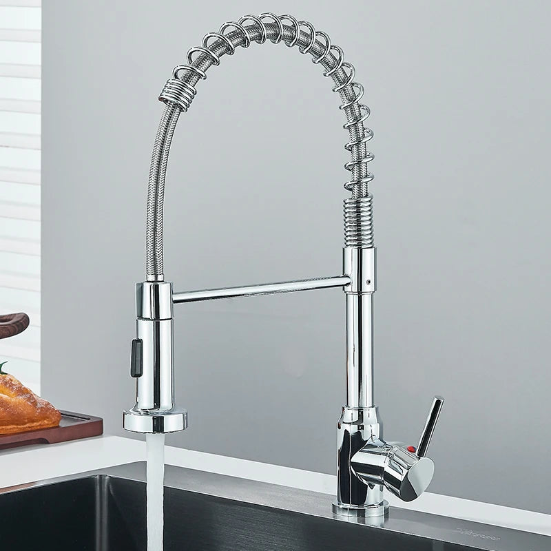 Black Flexible Pull-Down Kitchen Faucet – 360° Swivel Mixer Tap with Hot & Cold Water, Spring Design & Stream Sprayer Nozzle