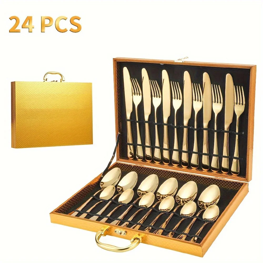 24-Piece Black & Gold Stainless Steel Flatware Set – Mirror Polished, Dishwasher Safe