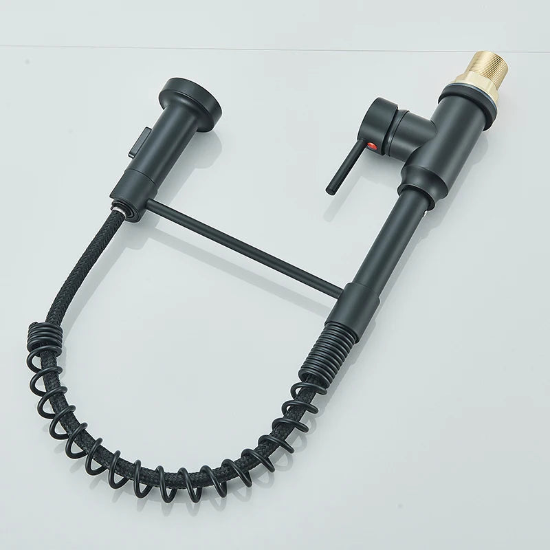 Black Flexible Pull-Down Kitchen Faucet – 360° Swivel Mixer Tap with Hot & Cold Water, Spring Design & Stream Sprayer Nozzle