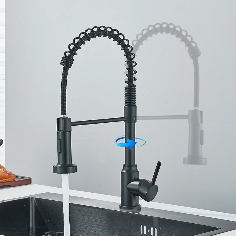 Black Flexible Pull-Down Kitchen Faucet – 360° Swivel Mixer Tap with Hot & Cold Water, Spring Design & Stream Sprayer Nozzle