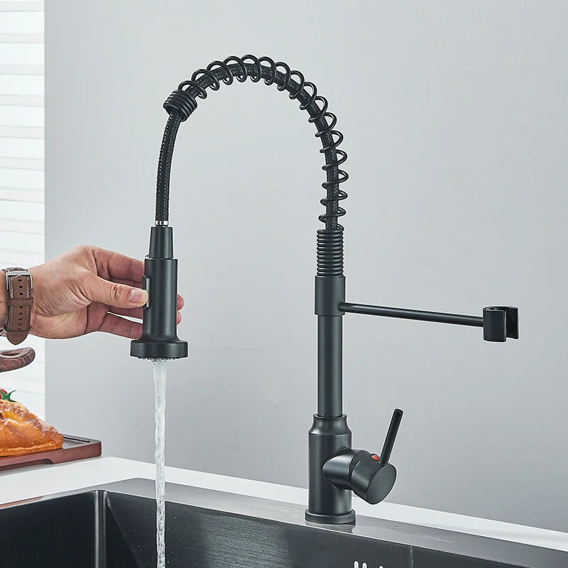 Black Flexible Pull-Down Kitchen Faucet – 360° Swivel Mixer Tap with Hot & Cold Water, Spring Design & Stream Sprayer Nozzle