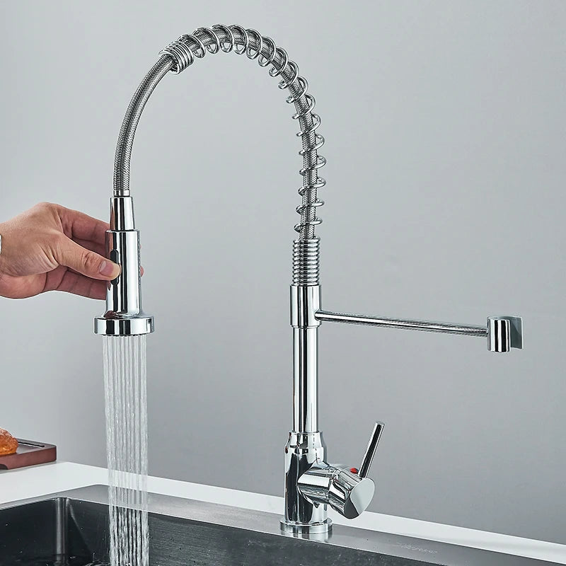 Black Flexible Pull-Down Kitchen Faucet – 360° Swivel Mixer Tap with Hot & Cold Water, Spring Design & Stream Sprayer Nozzle