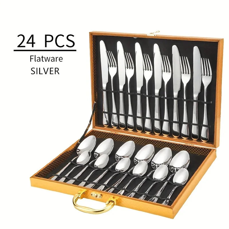 24-Piece Black & Gold Stainless Steel Flatware Set – Mirror Polished, Dishwasher Safe