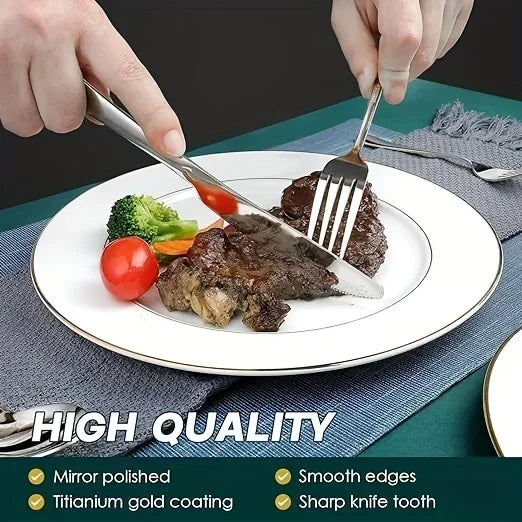 24-Piece Black & Gold Stainless Steel Flatware Set – Mirror Polished, Dishwasher Safe