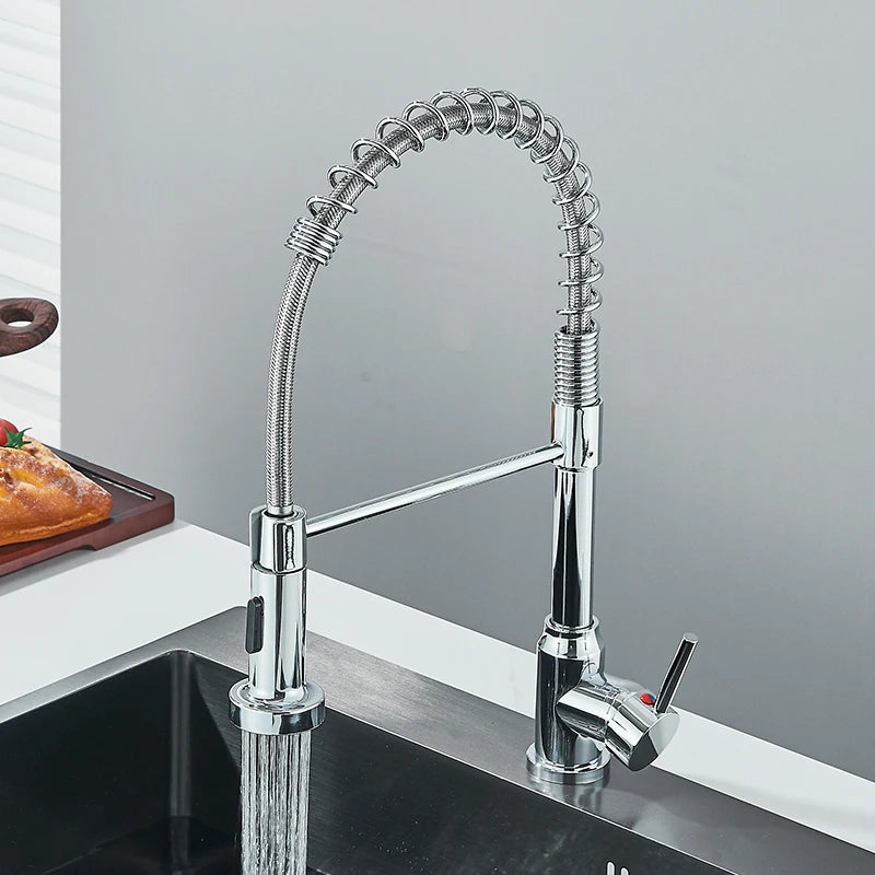 Black Flexible Pull-Down Kitchen Faucet – 360° Swivel Mixer Tap with Hot & Cold Water, Spring Design & Stream Sprayer Nozzle