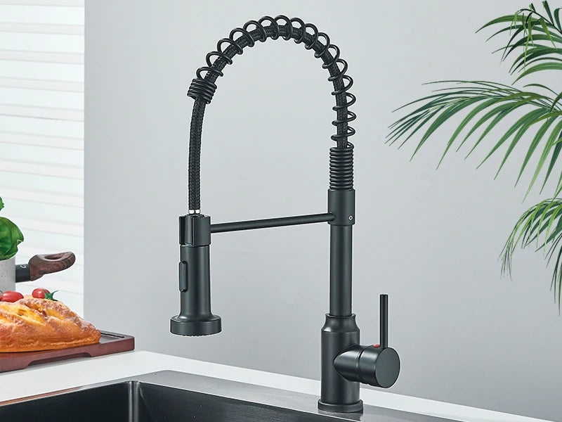 Black Flexible Pull-Down Kitchen Faucet – 360° Swivel Mixer Tap with Hot & Cold Water, Spring Design & Stream Sprayer Nozzle
