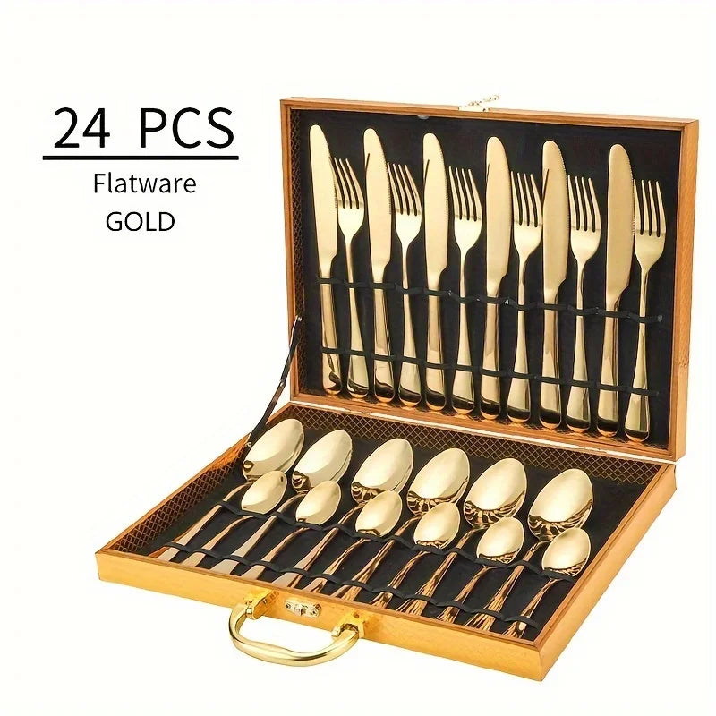 24-Piece Black & Gold Stainless Steel Flatware Set – Mirror Polished, Dishwasher Safe