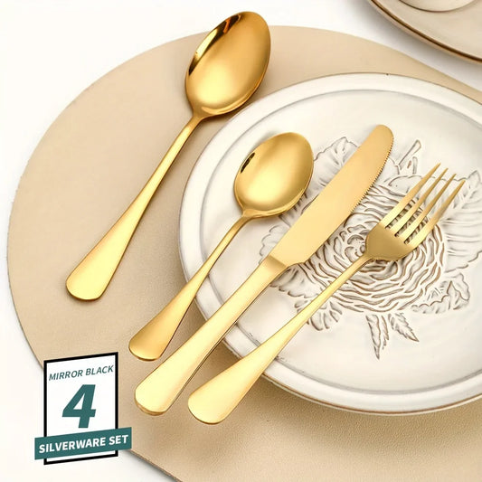 24-Piece Black & Gold Stainless Steel Flatware Set – Mirror Polished, Dishwasher Safe