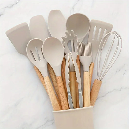 12-Piece Silicone Kitchen Utensil Set – Wooden Handles, Heat-Resistant Cooking Tools & Gadgets for Baking and Cooking