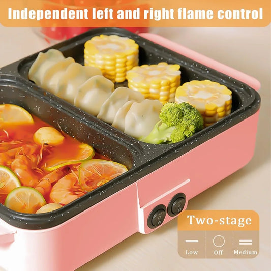 "2-in-1 Electric Hot Pot & Grill Combo – 1200W Pink Indoor Cooker with Dual Temperature Control, Non-Stick Surface & Rapid Heating"