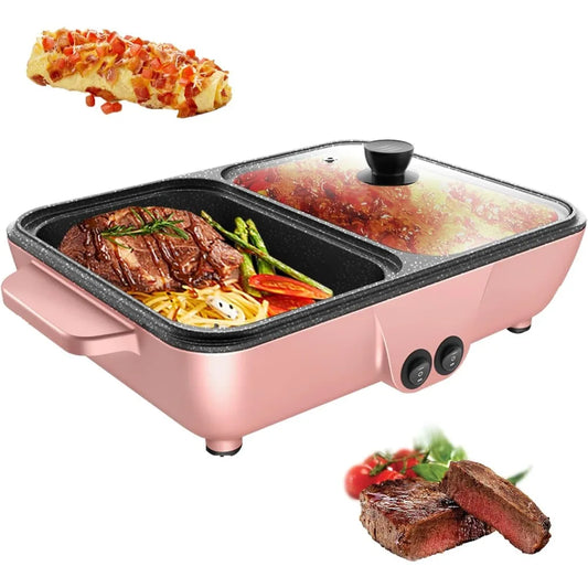 "2-in-1 Electric Hot Pot & Grill Combo – 1200W Pink Indoor Cooker with Dual Temperature Control, Non-Stick Surface & Rapid Heating"