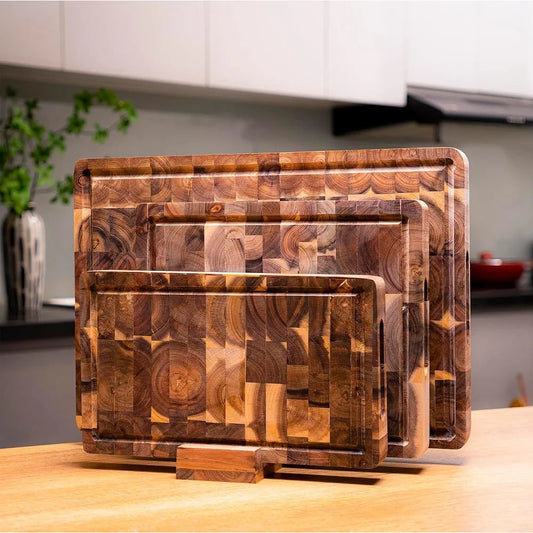 Set of 3 Acacia Wood Cutting Boards – Thick, Double-Sided Chopping Boards with Juice Grooves for Meat, Cheese & Vegetables