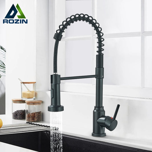 Black Flexible Pull-Down Kitchen Faucet – 360° Swivel Mixer Tap with Hot & Cold Water, Spring Design & Stream Sprayer Nozzle